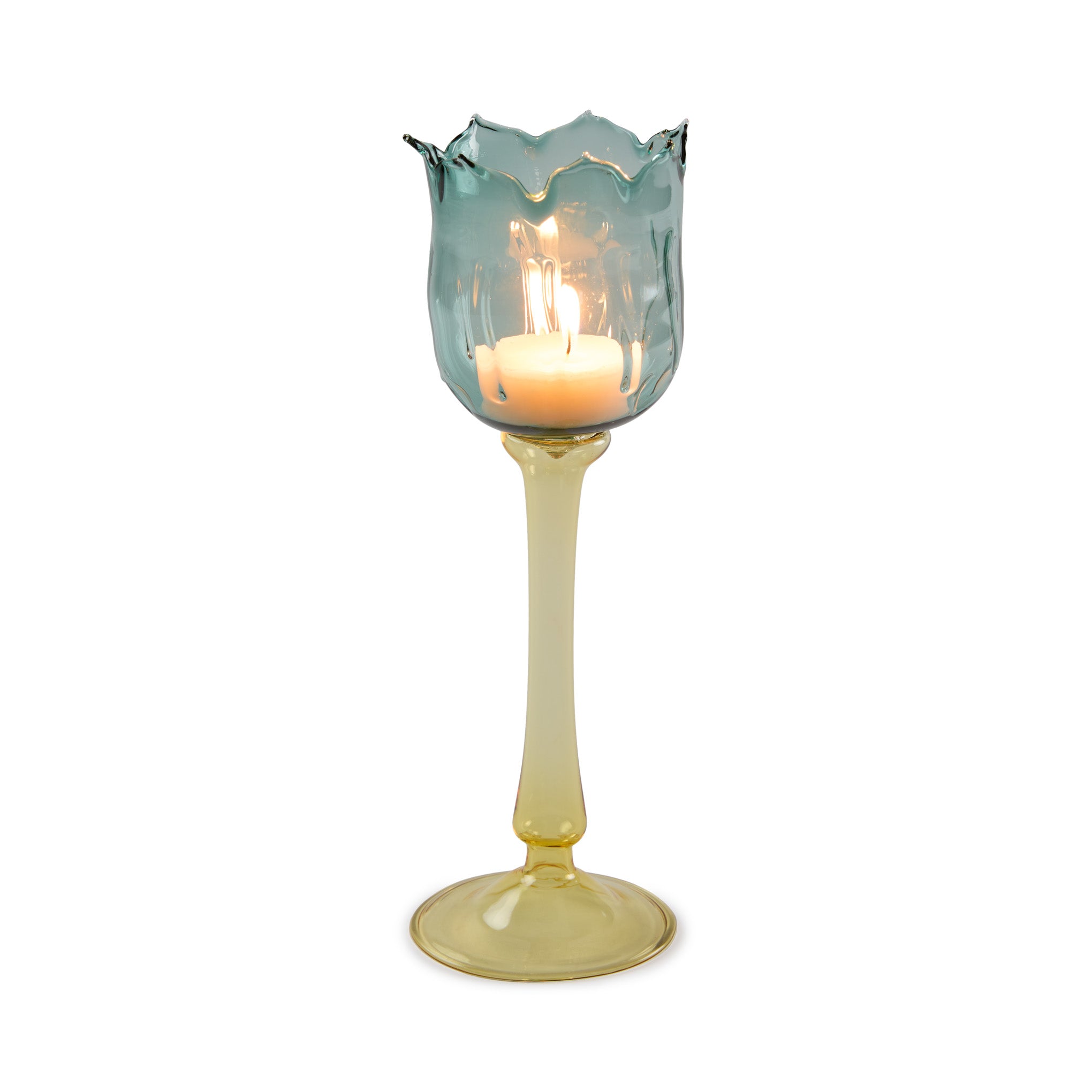 Eternal Blossom Glass Tea Light Holder - Teal/ Yellow