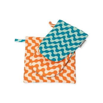 Reversible Pattern Oven Mitt Potholder - Set of 2 - Orange/ Blue